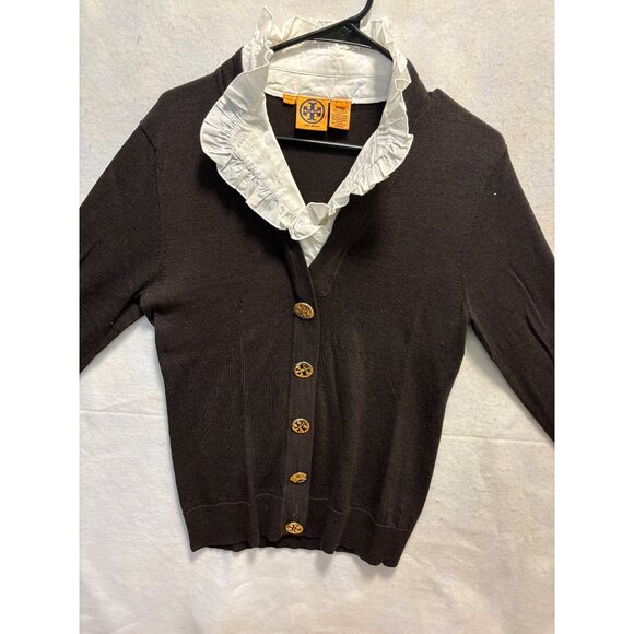 Tory Burch Womens Merino Wool & Cotton Ruffle Collar Cardigan Sweater Size L - Picture 2 of 14